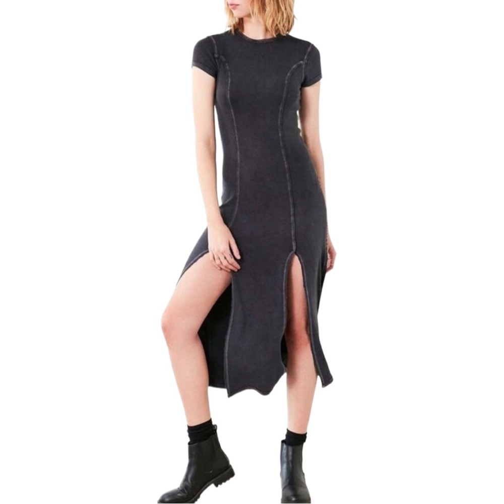 Silence + Noise Cynthia Thigh Slit Ribbed Knit Midi Dress – Grey – Size Small
